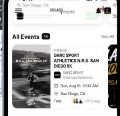 Dialed Health app showing the All Events discovery feed